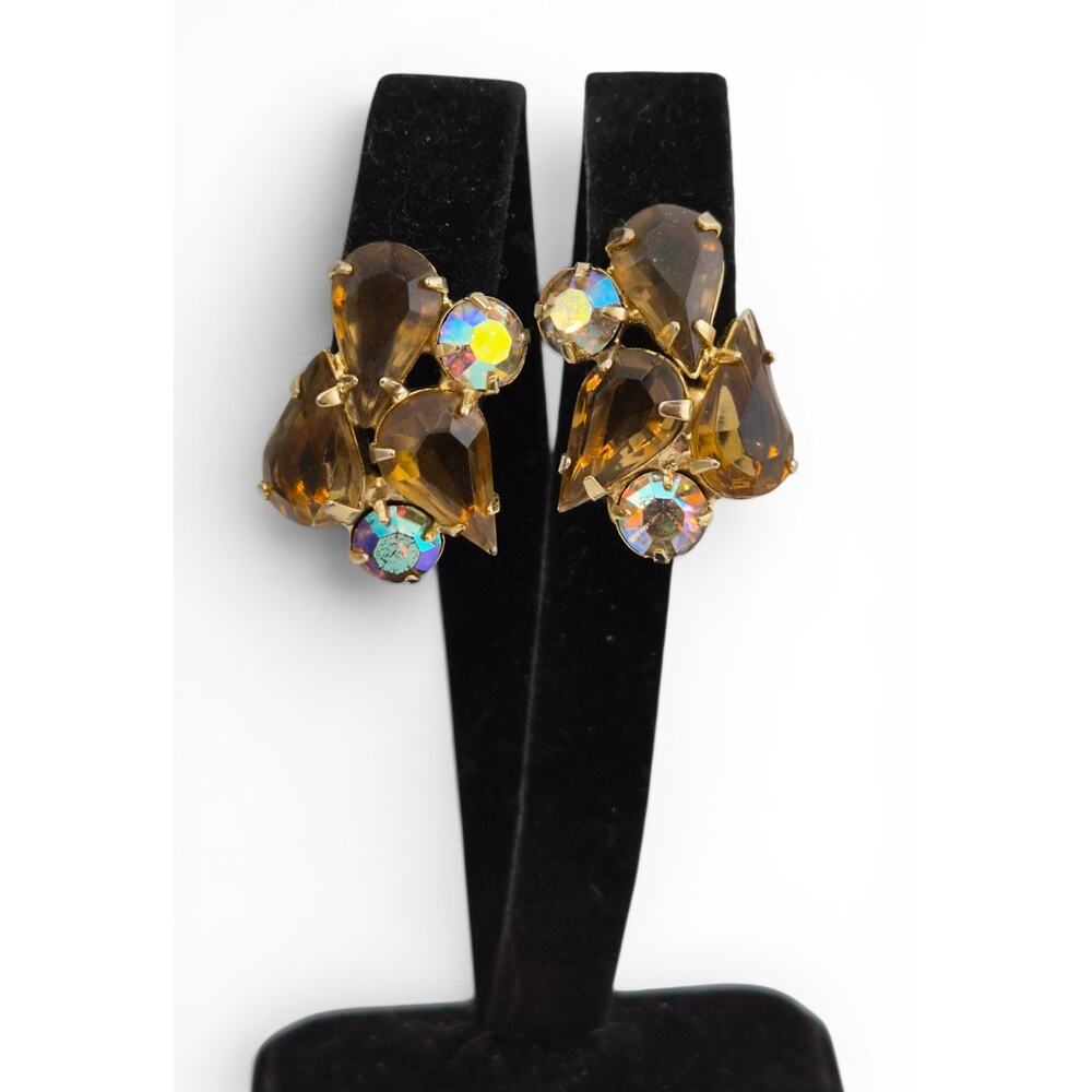 Vintage Amber Rhinestone AB Clip On Earrings Gold Tone